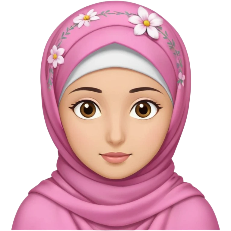 a hijabi girl wearing pink shawl, fair skin, dark brown eyes, wearing flower clips emoji