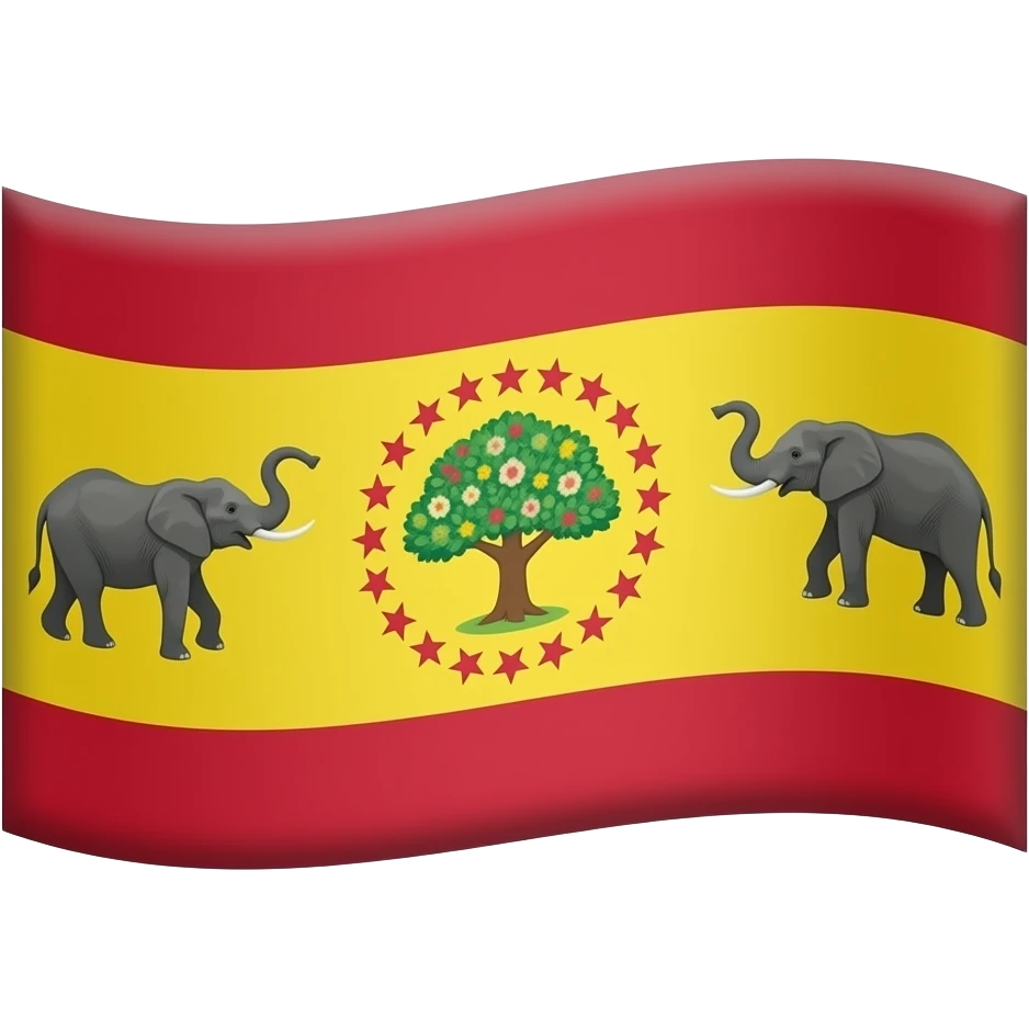 Describe the emoji is flag in the three colours one upper red middle yellow lower red in the middle yellow you create that one circle that circle had 28 stars and 20th stars inside flee tree flower in inside the two elephants are one in left and another in right flee flower in centre emoji