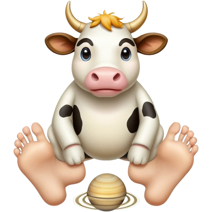 A cow-headed Saturn planet hybrid standing on huge human feet with toes, with Saturn's rings tilted around the middle of the body emoji