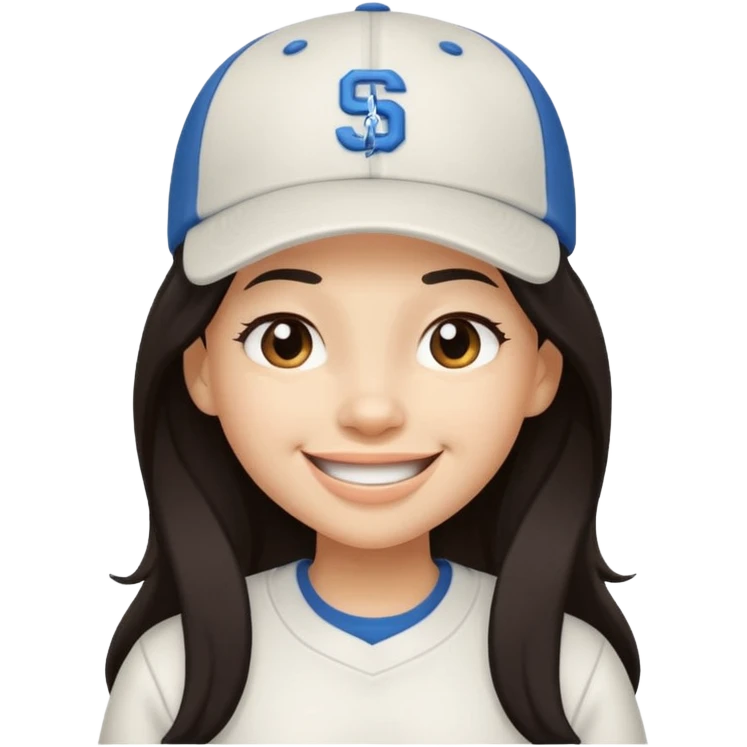 Digital illustration of a cartoon character with a big smile on its face and winking with one eye. The character has long dark hair and is wearing a white baseball cap and casual clothes. The overall style of the illustration is cute and playful. emoji