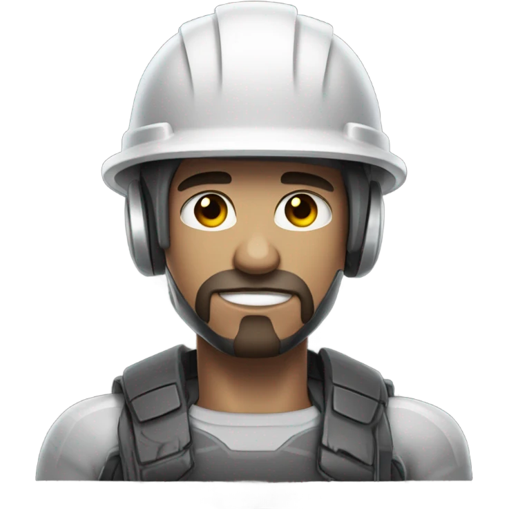 muscular cyborg face half human with short straight, dark hair, hardhat, and a neatly trimmed beard emoji