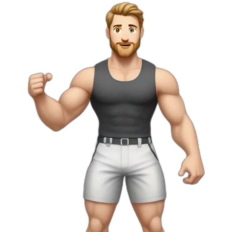Full height Actively gesturing  with hands Pale skinned Fit Man With the biceps and brown hair in dark gray Sleeveless Mike, black oversize sports shorts, watch and white Sneakers emoji