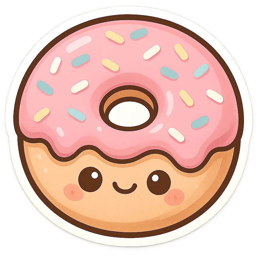 chibi sticker-style donut with a smiling face, cute and exaggerated emoji