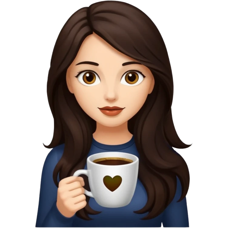 Dark Brown long haired sexy woman with dark brown eyes with cup of coffee emoji