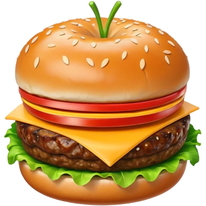 A classic single patty hamburger emoji, 3D Apple style, glossy and colorful. Soft rounded bun with sesame seeds, one beef patty, fresh lettuce, tomato slice, melted cheese, realistic but cartoonish look, clean white background emoji