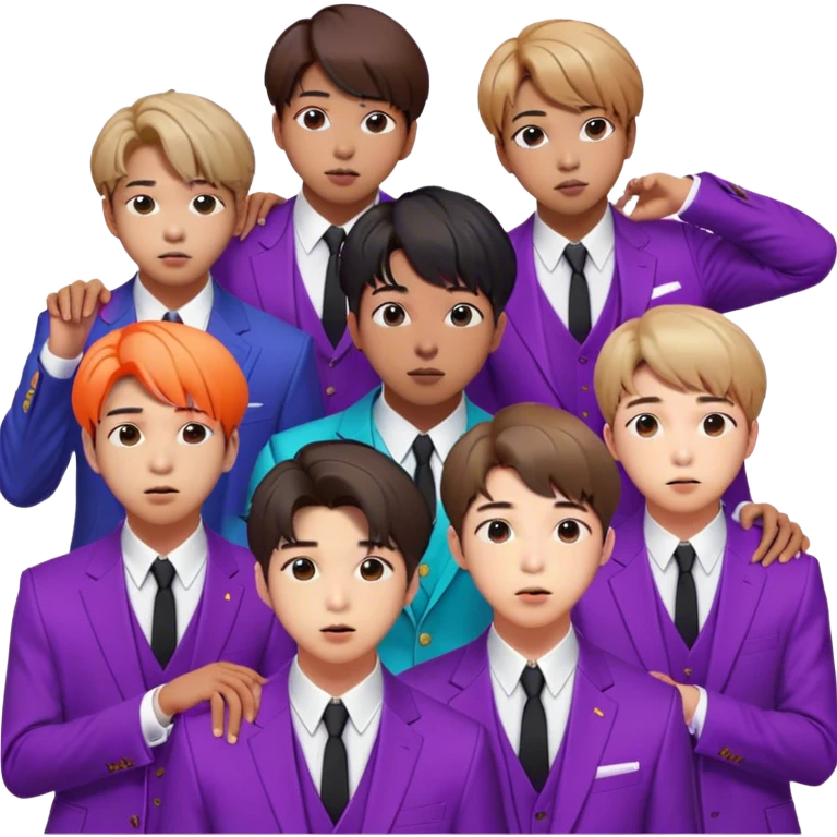 Cinematic Realistic group portrait of BTS featuring all 7 members in stylish modern attire, with detailed facial expressions and vibrant colors, captured in dynamic, contemporary lighting that emphasizes their global pop icon status emoji