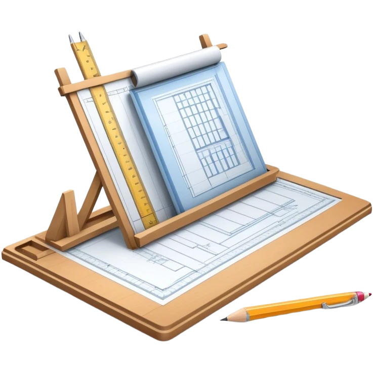Sleek icon for Architecture: engineer's drawing board with building blueprints, 3D model of the building out of board, pencil, ruler, protractor. Transparent background. emoji