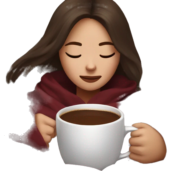 Brunette girl inside a maroon blanket sipping coffee eyes closed emoji