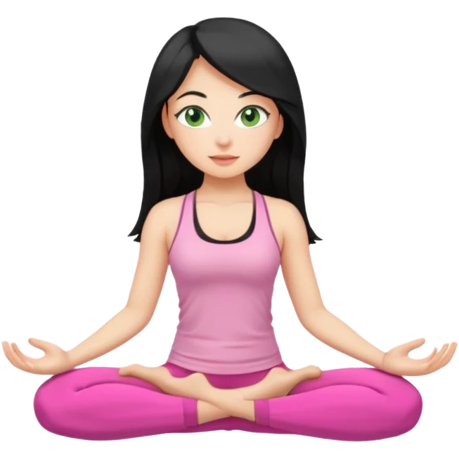Girl with long black hair with green eyes doing yoga with pink clothes emoji