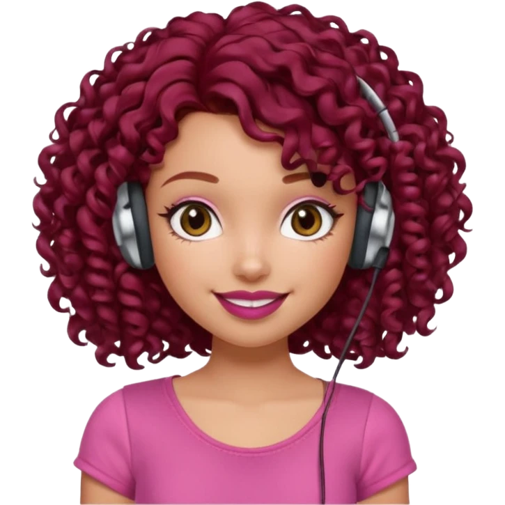 generate a pretty bratz girl curly dark red hair, brown lipstick on, wired earphones on, smiling emoji