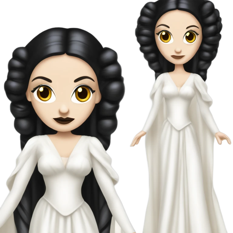 Tall realistic face Morticia Addams as Princess Leia in ruffled white-pearl ballet ball gown  emoji