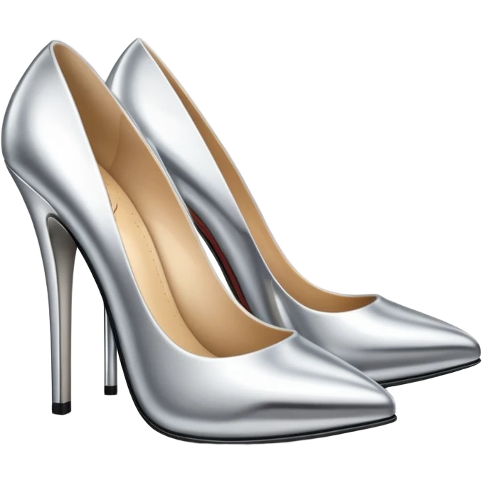 A pair of high heel shoes emoji made of polished silver chrome, elegant sharp silhouette, smooth metallic surface, glossy reflections, luxury sexy vibe, minimalistic iOS emoji style, centered, clean white background emoji