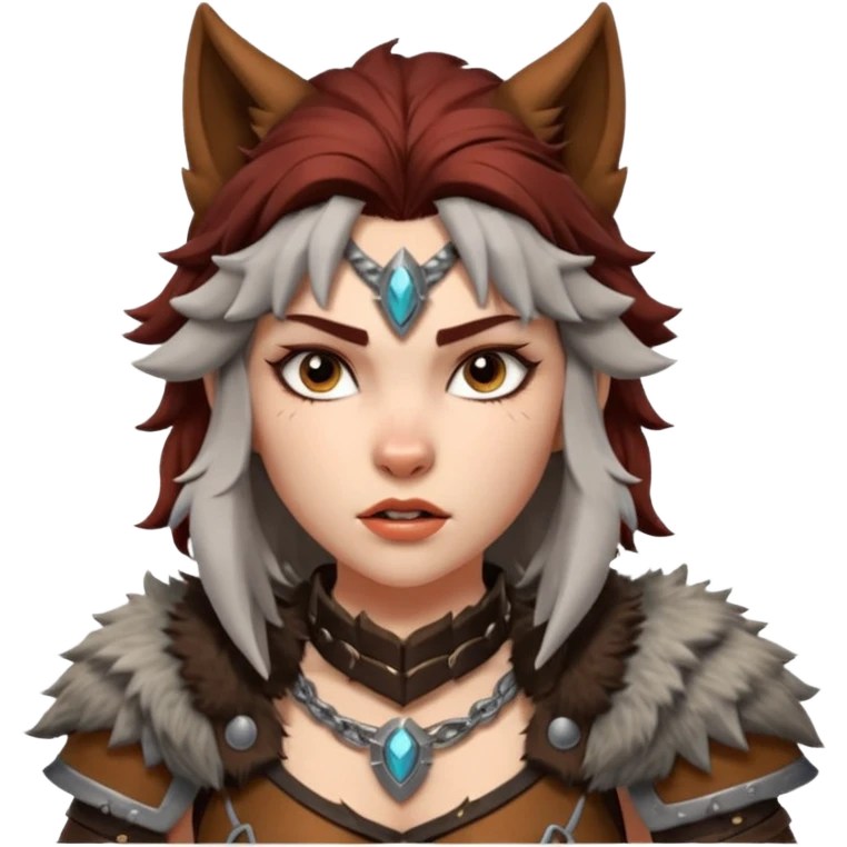 barbarian woman riding a wolf portrait, head and shoulders only, wolf head visible, fur-lined armor collar, fierce expression, fantasy style, 3D cartoon, mobile game icon style, clean background, no text, no watermark emoji
