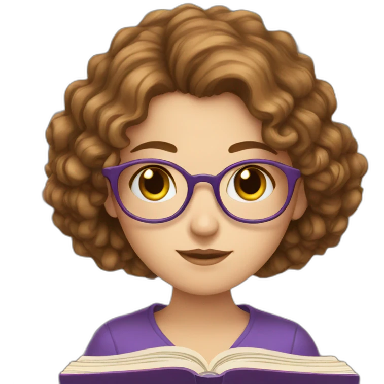 white girl with really short brown curly hair reading a purple book emoji
