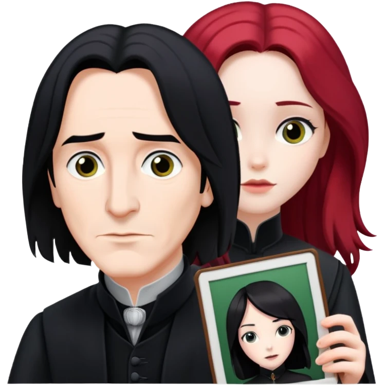Severus Snape with black hair looking at a photo of Lily with red hair emoji