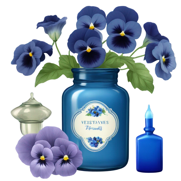 Decorative blue candle in a glass jar and in the back are navy blue pansies and a blue vintage-style perfume bottle  emoji