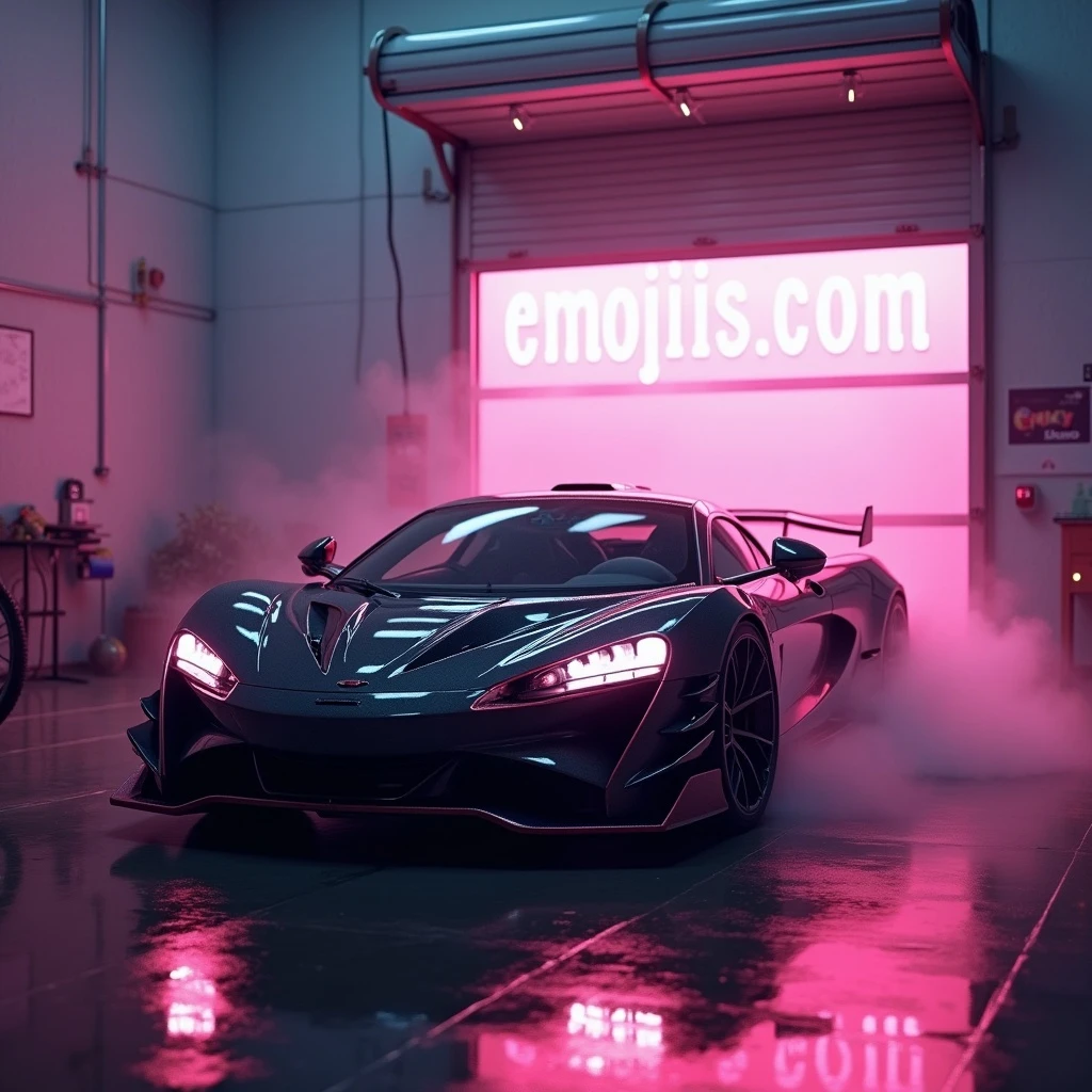Cinematic still of a futuristic car parked front to camera inside neon garage with led behind saying "emojis.com", room fill with haze, very detailed and futuristic ,inspired by cyberpunk 2077 emoji