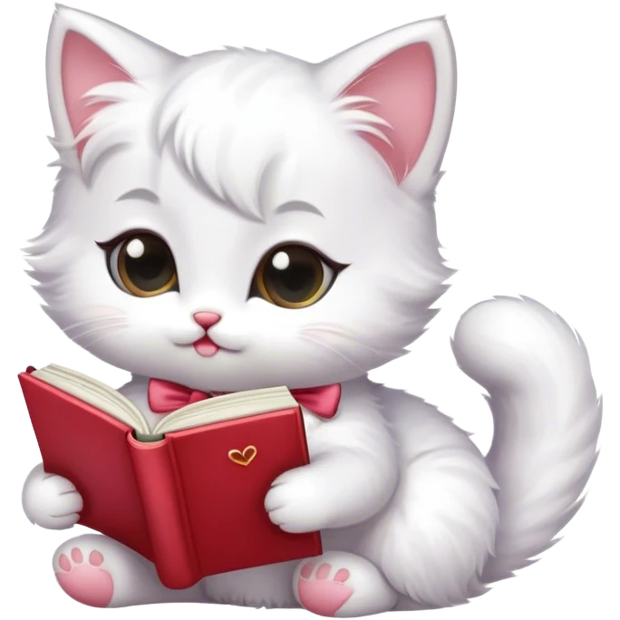 a cute kitten with a bow reading a romance book emoji