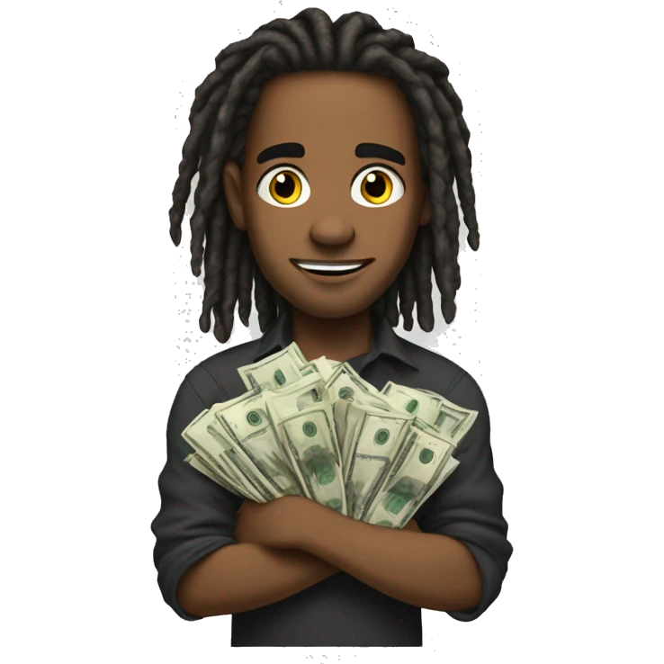 young hustler with dread lock hair with lots of money in both hands emoji