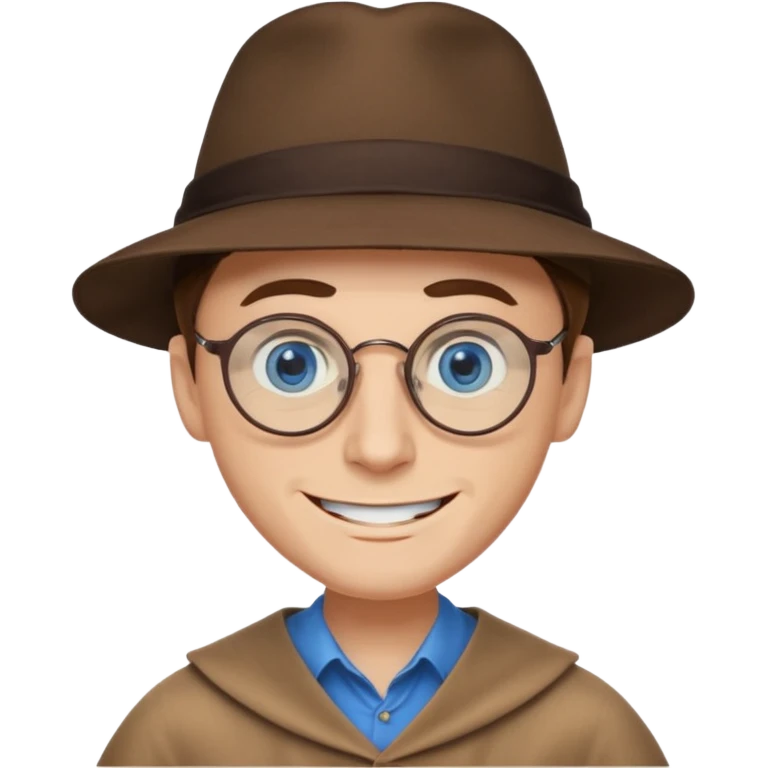 A man with sharp and thin face, brown round glasses, a brown hat and a brown costume with beige shirt (shoulders only), with blue eyes and a large smile on his face and menacing eyes. emoji