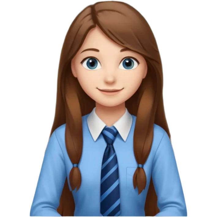 high school class room with a pretty female high school student with long brown hair, blue eyes, wearing a tie, sitting in front of the blackboard emoji