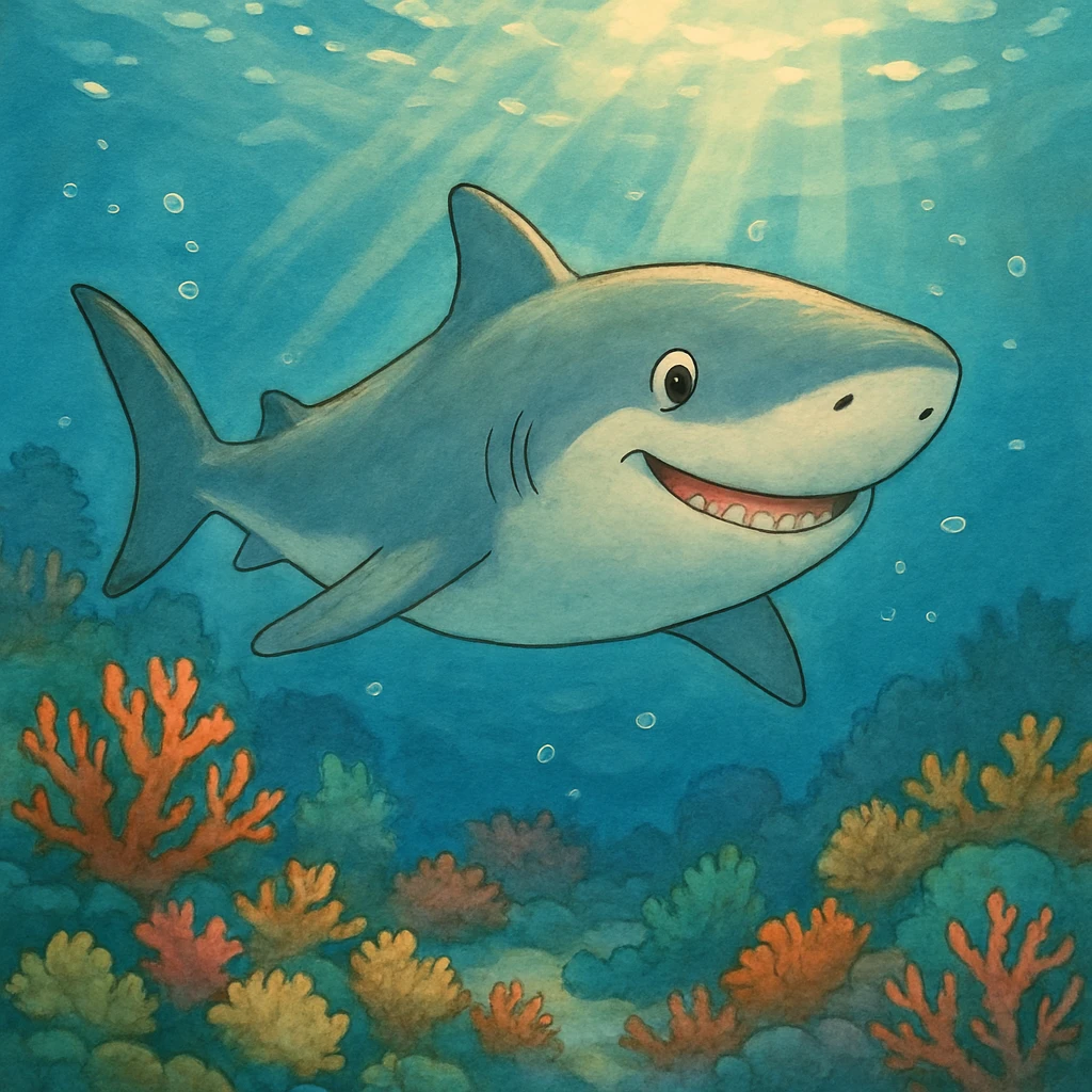 A friendly shark swimming through a beautiful underwater scene with coral reefs and sunlight filtering through the water, painted in a whimsical and soft style emoji