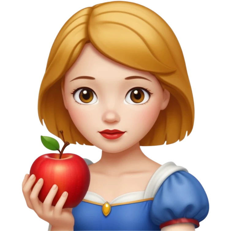 Create an emoji of Snow White holding a red apple, with short golden-brown hair. emoji