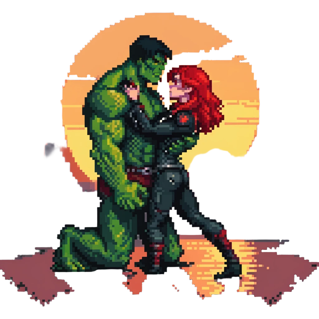 Hulk and Black Widow lullaby scene, Black Widow with red hair calming down the green Hulk, sun's getting real low gesture, Hulk transforming back emoji