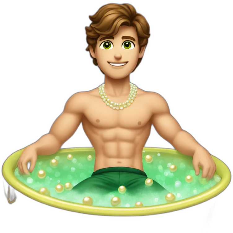 Posh-muscle-boy-brown-hair-green-eyes-pearl-necklace-in-golden-bathtub-legs emoji