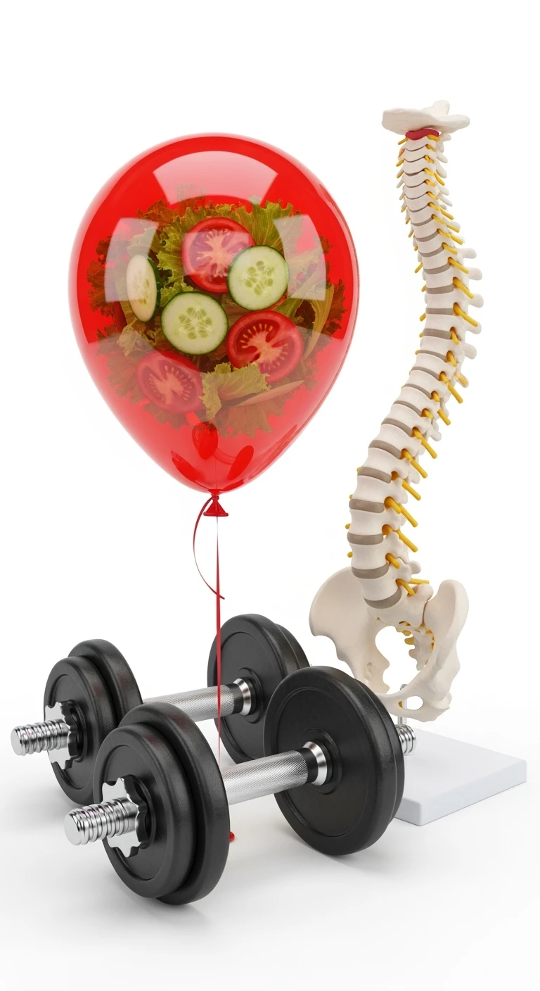 palloncino rosso con all'interno insalata, manubri da palestra e una spina dorsale anatomica realistica in 3d, isolato su sfondo bianco emoji