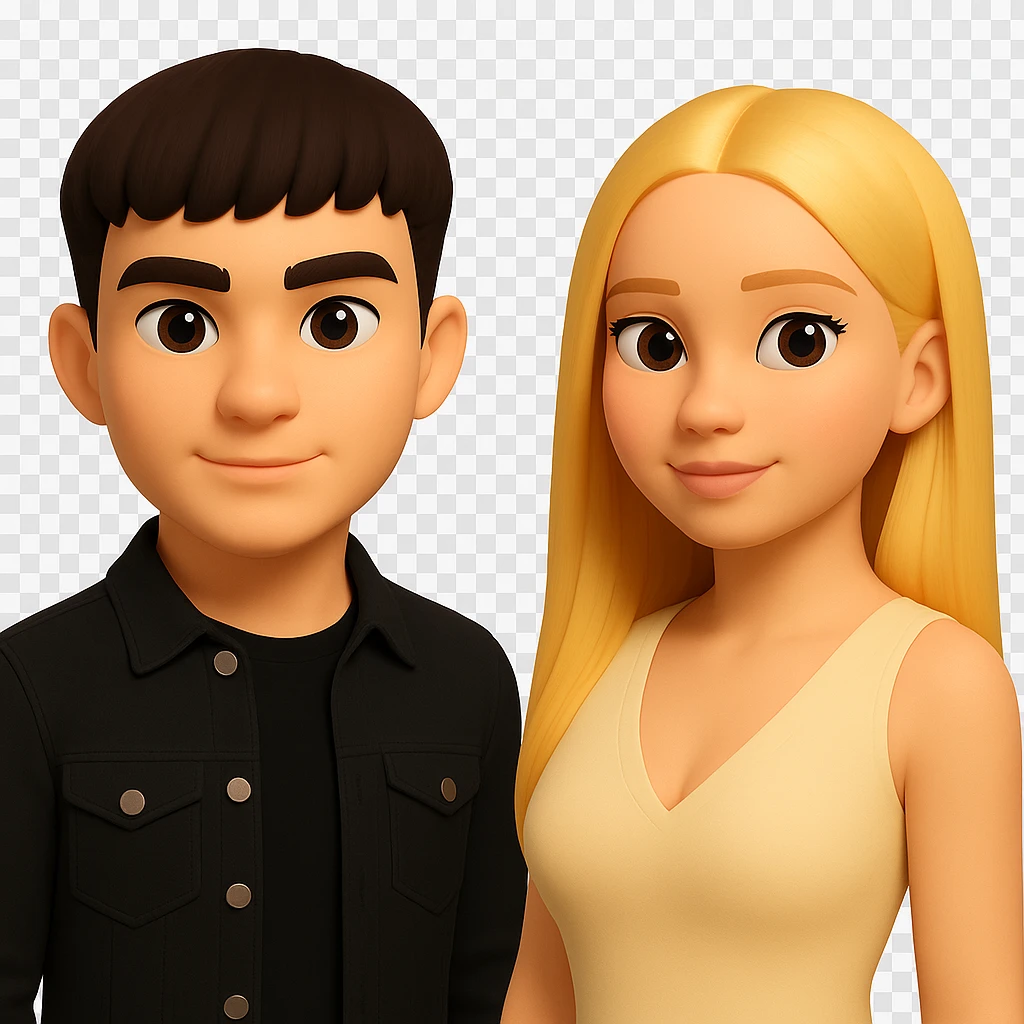 Slightly increase the volume of the upper body of the girl, separate the girl and the boy from each other, make the skin color the same for both characters. Maintain the cartoonish 3D style and keep the background transparent. The original style is cartoonish 3D style. emoji