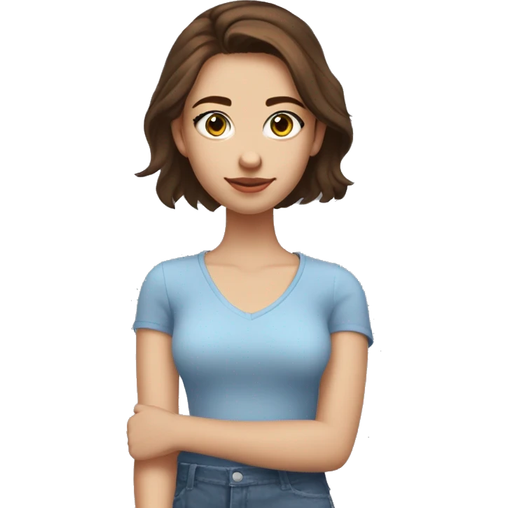 19 year old girl with dark brown auburn hair and slightly bushy eyebrows with blue eyes, short eyelashes and gold earrings wearing a top that says “milana” on emoji