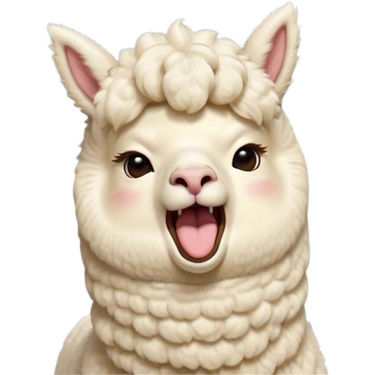 Cinematic Cute Yawning Cream Alpaca Portrait Emoji, Head tilted slightly with a dramatic, wide-open yawn, showcasing a soft, fluffy cream fleece with subtly drooping ears, round gentle eyes barely open in drowsy contentment, Simplified yet irresistibly adorable features, highly detailed, glowing with a soft, cozy glow, high shine, relaxed yet expressive, stylized with a touch of whimsy, bright and endearing, soft glowing outline, capturing the essence of a sleepy yet affectionate alpaca, so drowsy it feels like it could stretch out of the screen and curl up for a nap! emoji