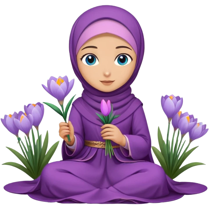 Turkish beautiful finish Konya girl blue eyes with crocus flower hijab long tail dress on the floor and hold crocus flower on hand  emoji
