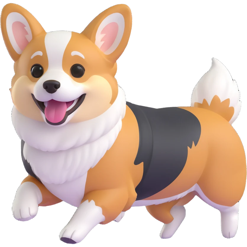 cool redhead tri color corgi, running, happy face, fluffy fur, white, tan, and black markings emoji