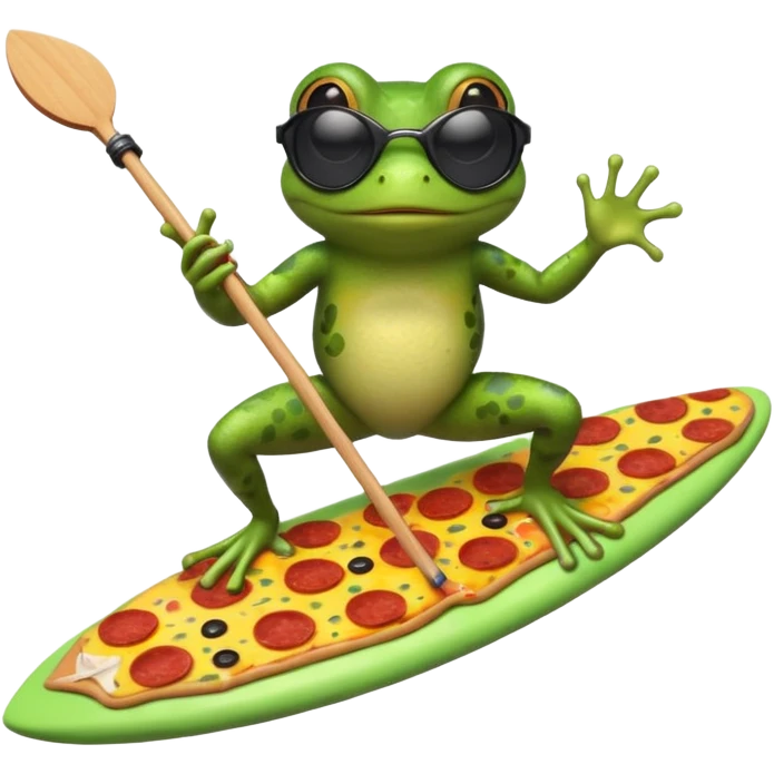 Frog riding surfboard with sunglasses while eating a pepperoni pizza and holding a leash attached to a fish emoji