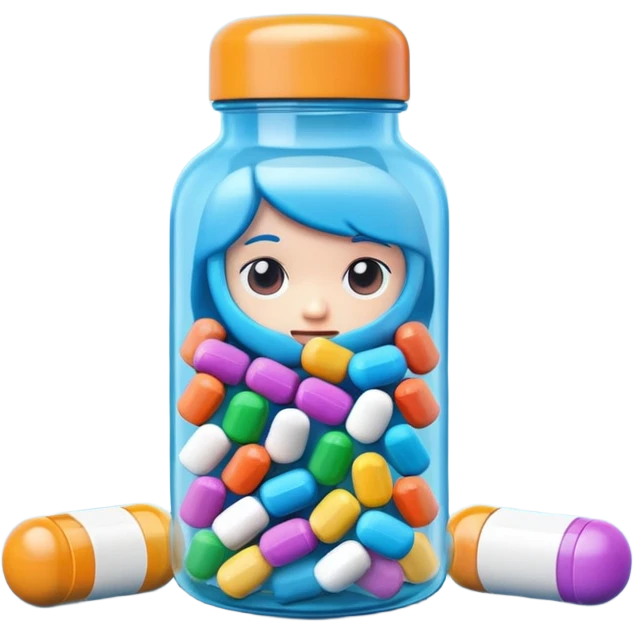 pills in bottle, 3d cartoon style, memoji style. emoji