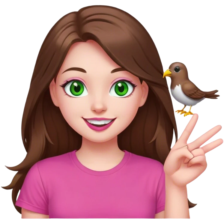 mid sized white skinned girl with green eyes and long brown hair giving the bird smiling maniacally in a pink t-shirt with pink lips emoji