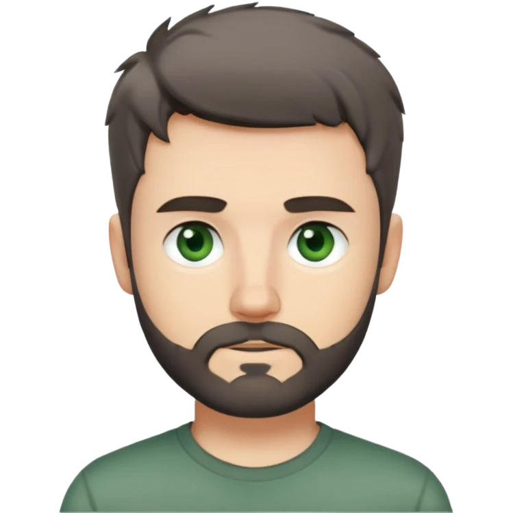 white man with dark messy short hair, dark green eyes, gray t-shirt, and short beard emoji