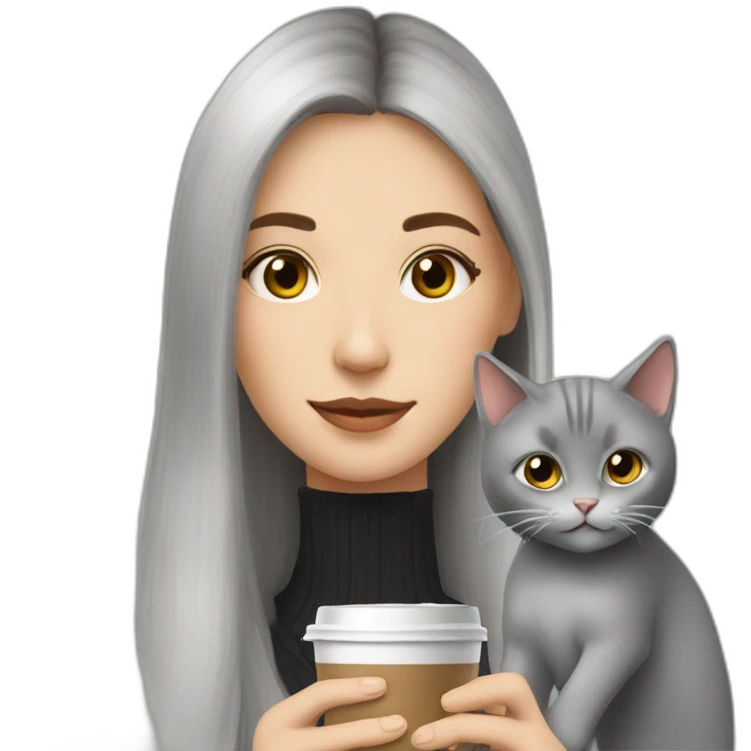 Girl with two Grey cats and a cip of coffee emoji