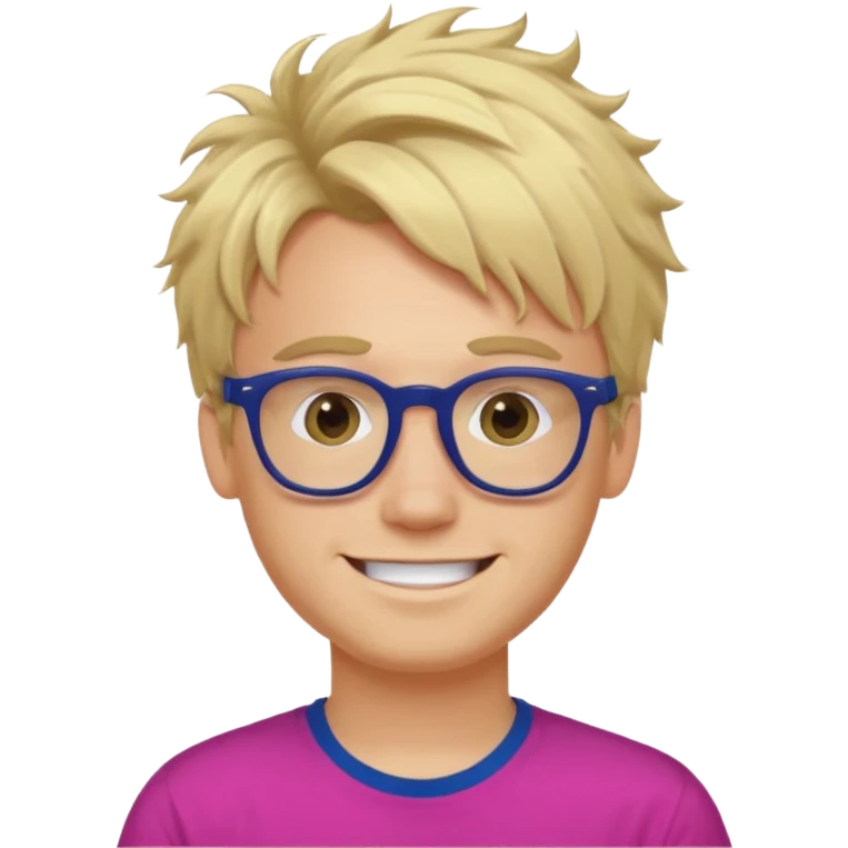 A blond guy with messy hair is smiling. He wear black and dark blue glasses and a fushia T-shirt.  emoji