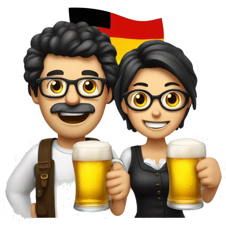 Dark hair man and woman with glasses going crazy . Beer in hand and German flag  emoji