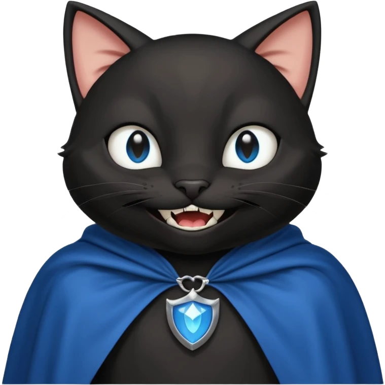 an all black anthropomorphic cat with blue eyes wears an all black cape and is smiling a mischievous sharp tooth grin emoji