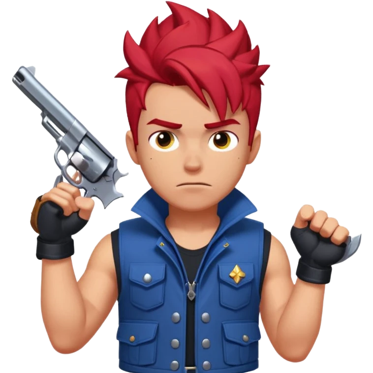 Colt from Brawl Stars, confident pose, spiky red hair, dual revolvers, blue vest emoji