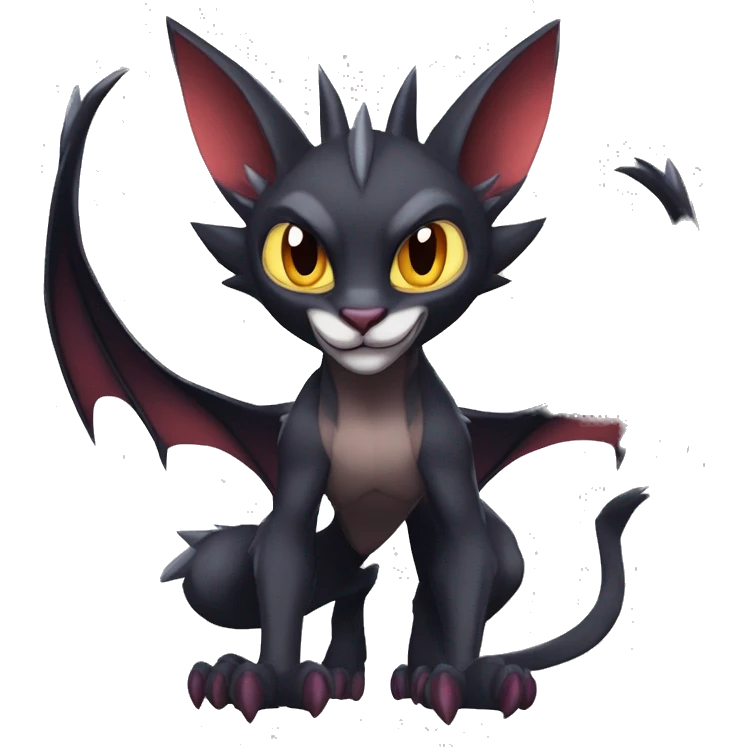 Black cool vampiric Noivern-Litten-Lykoi-Caracal-Fakemon with big bat ears and big fangs full-body emoji