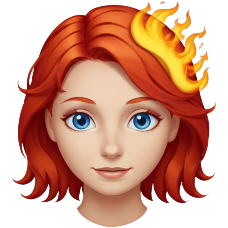 A girl with flaming red hair and intense blue eyes. Delicate dark circles under her eyes give her a slightly tired look, and her smile belies any fatigue. emoji