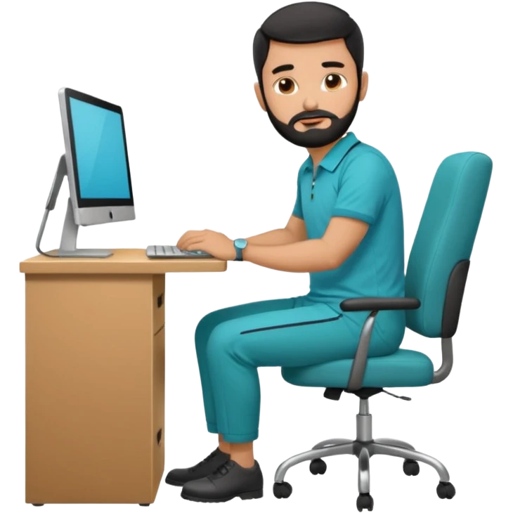 man with black short male hair and black hair and beard and hes in a office with his grey backpack on the floor and he has a tourquose polo shrit with gre dress pants and hes working at a hotel  hes on the co,ptuer  at his desk and he inly has one backpack its on the floo emoji