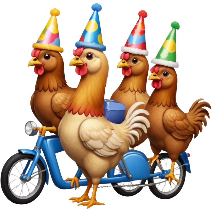 Ten chickens riding  a partybike while drinking beer emoji