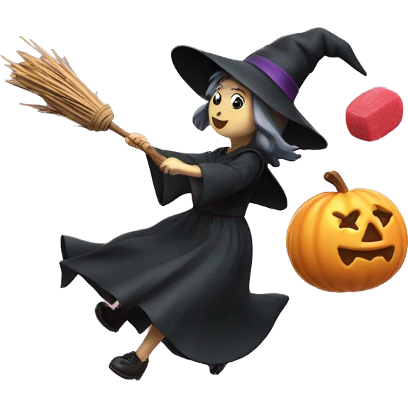 Flying witch on broom throwing candy emoji