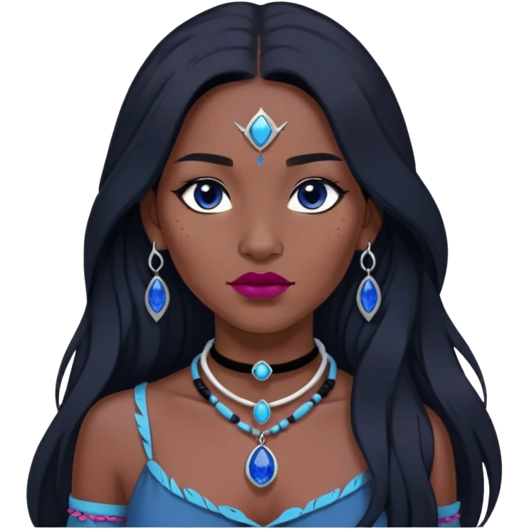 woman katara native american dark skin freckles dark black long hair reddish pink lipstick choker necklace with sapphire pendant emoji